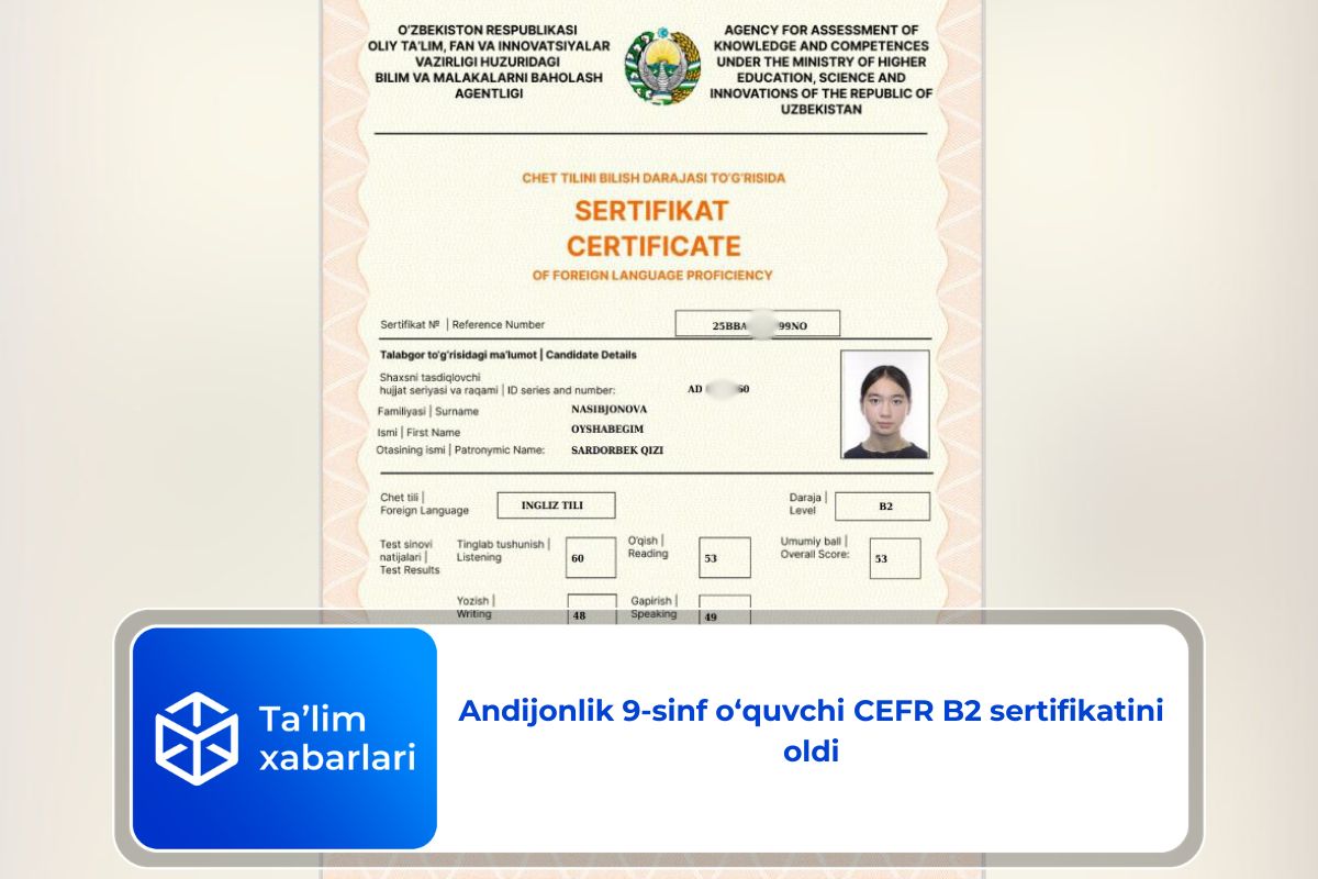 Andijonlik 9-sinf o‘quvchi CEFR B2 sertifikatini oldi