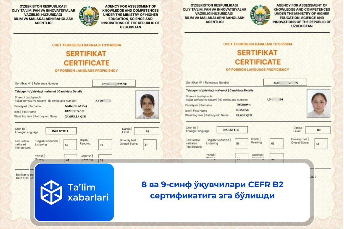 8 ва 9-синф ўқувчилари CEFR B2 сертификатига эга бўлишди