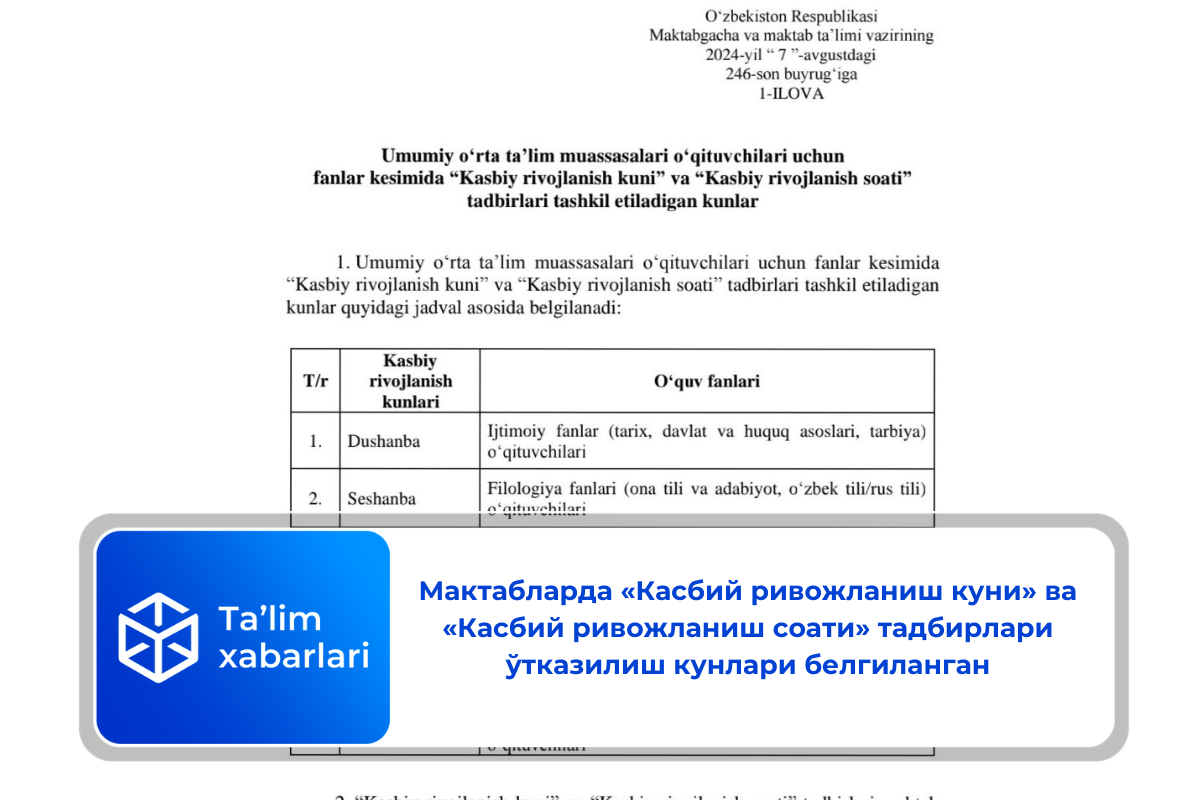 Мактабларда «Касбий ривожланиш куни» ва «Касбий ривожланиш соати» тадбирлари ўтказилиш кунлари белгиланган