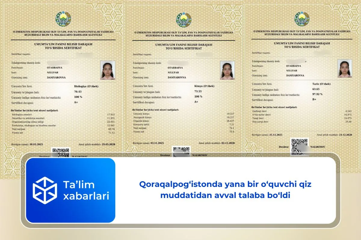 Qoraqalpog‘istonda yana bir o‘quvchi qiz muddatidan avval talaba bo‘ldi