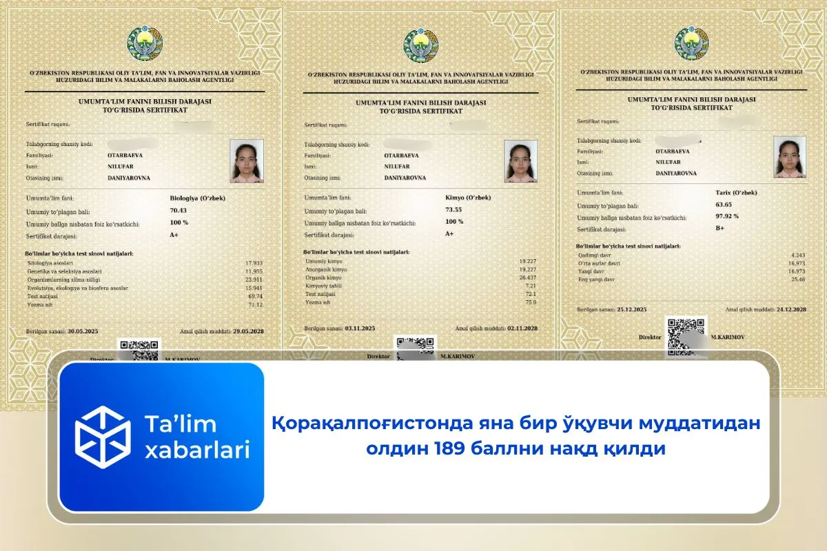 Қорақалпоғистонда яна бир ўқувчи муддатидан олдин 189 баллни нақд қилди