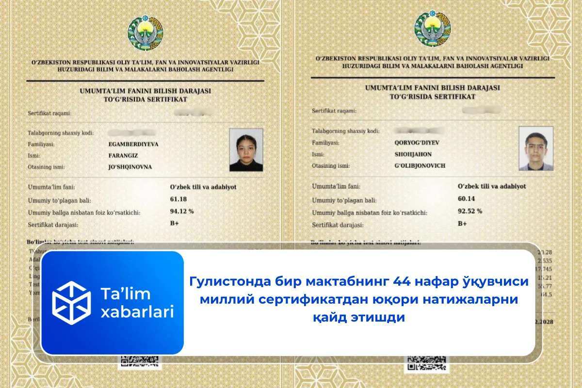 Гулистонда бир мактабнинг 44 нафар ўқувчиси миллий сертификатдан юқори натижаларни қайд этишди