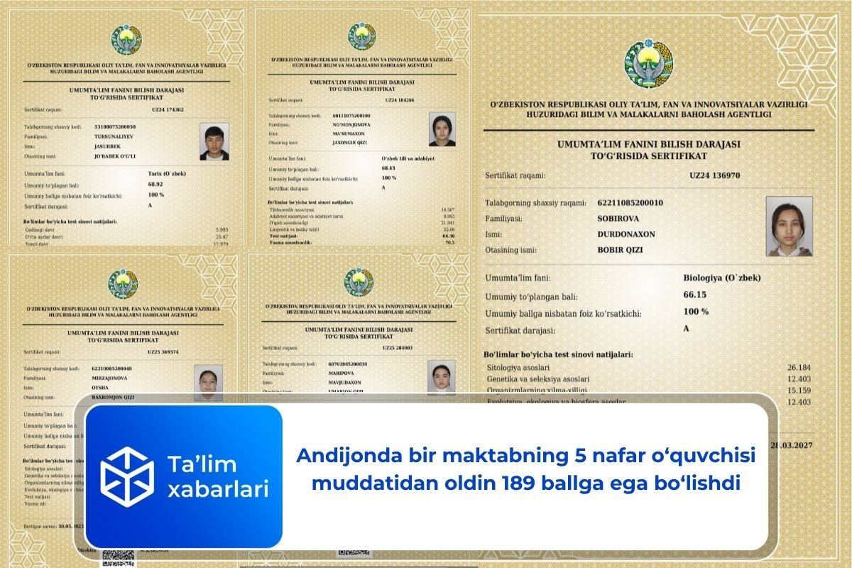 Andijonda bir maktabning 5 nafar o‘quvchisi muddatidan oldin 189 ballga ega bo‘lishdi