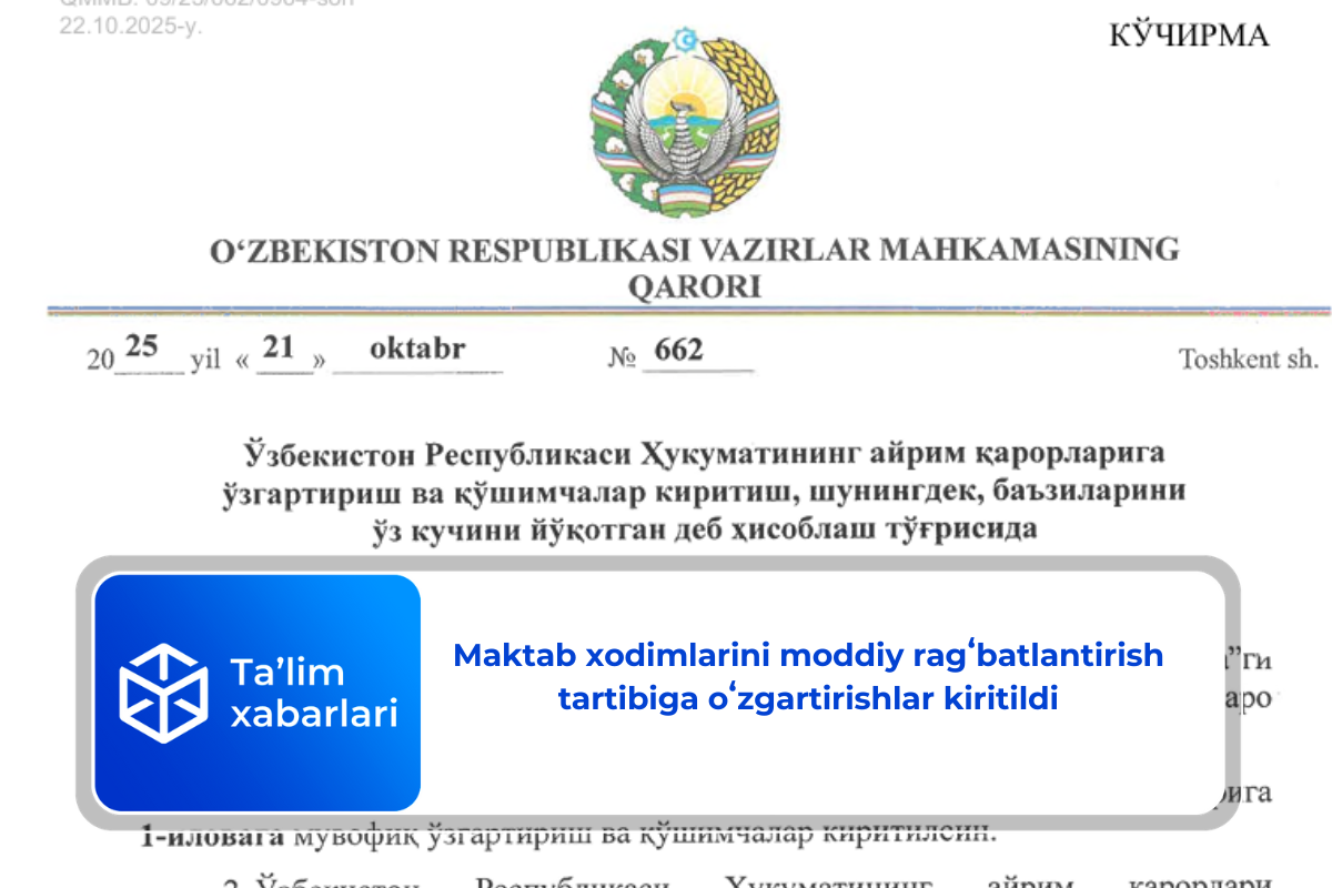 Maktab xodimlarini moddiy ragʻbatlantirish tartibiga oʻzgartirishlar  kiritildi