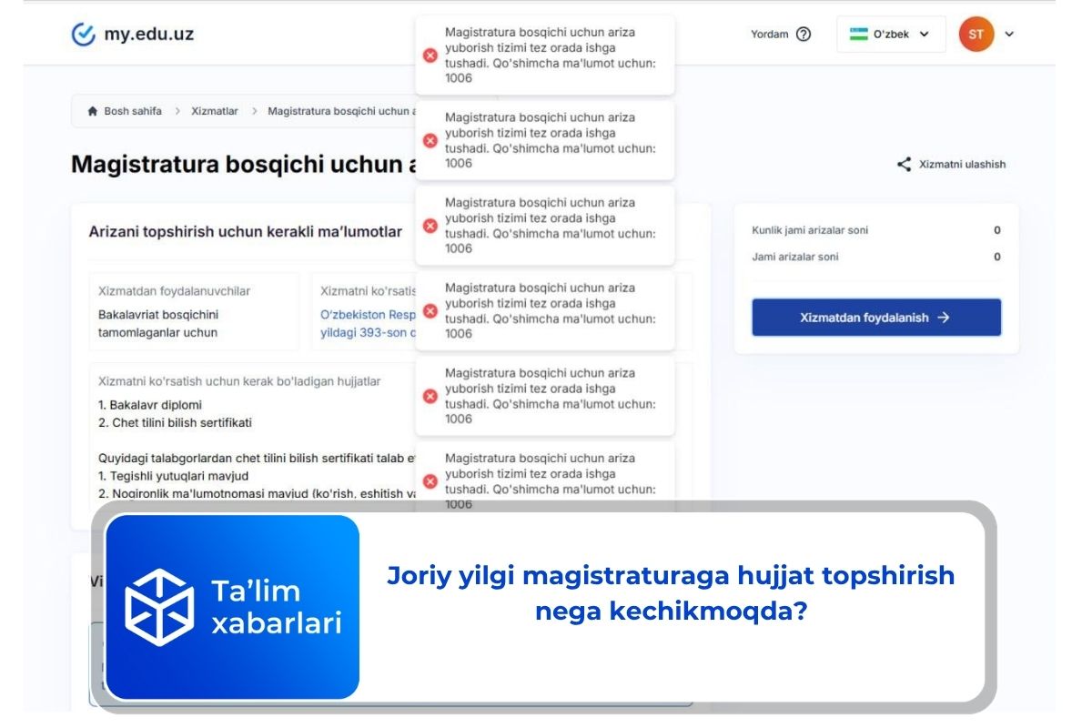 Joriy yilgi magistraturaga hujjat topshirish nega kechikmoqda?