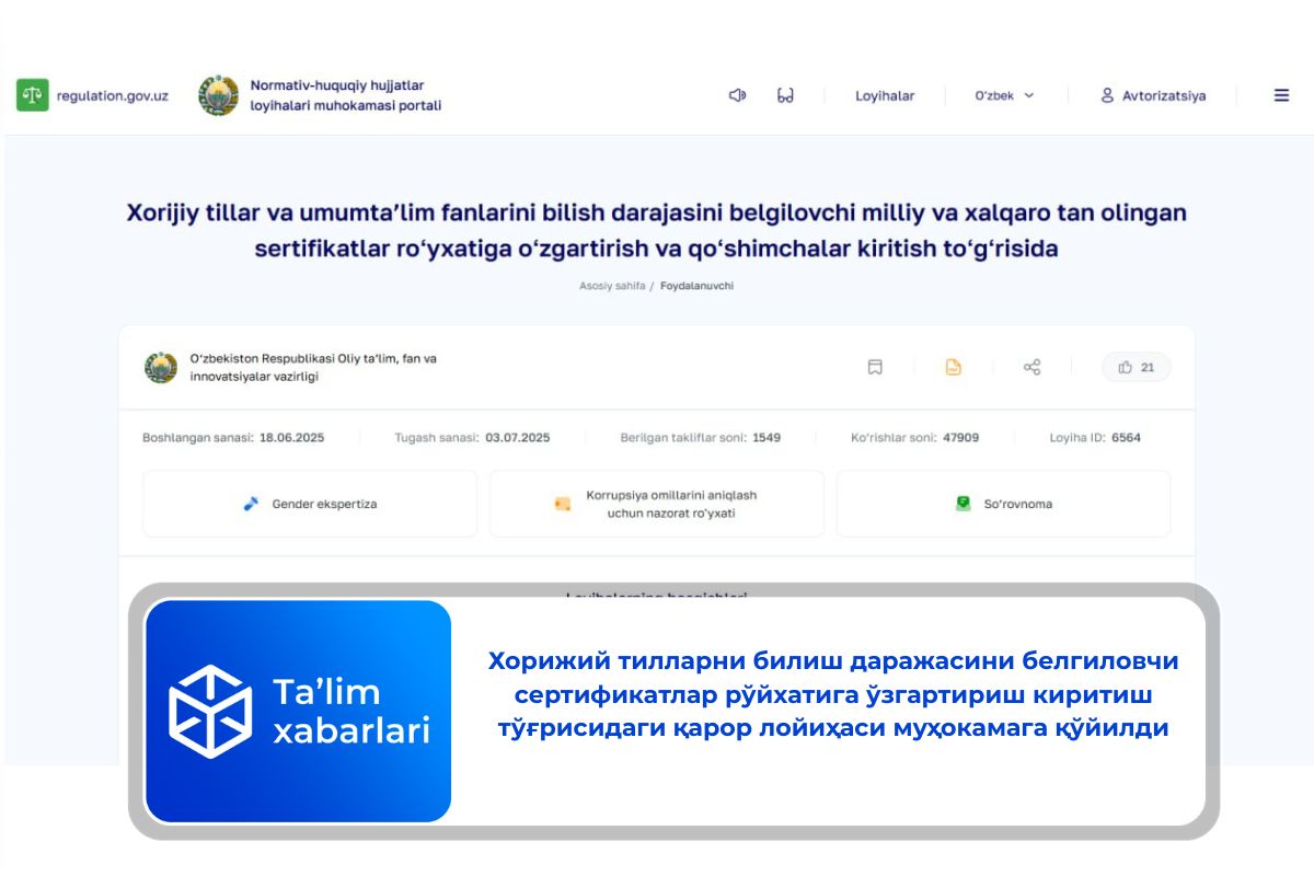 Хорижий тилларни билиш даражасини белгиловчи сертификатлар рўйхатига ўзгартириш киритиш тўғрисидаги қарор лойиҳаси муҳокамага қўйилди