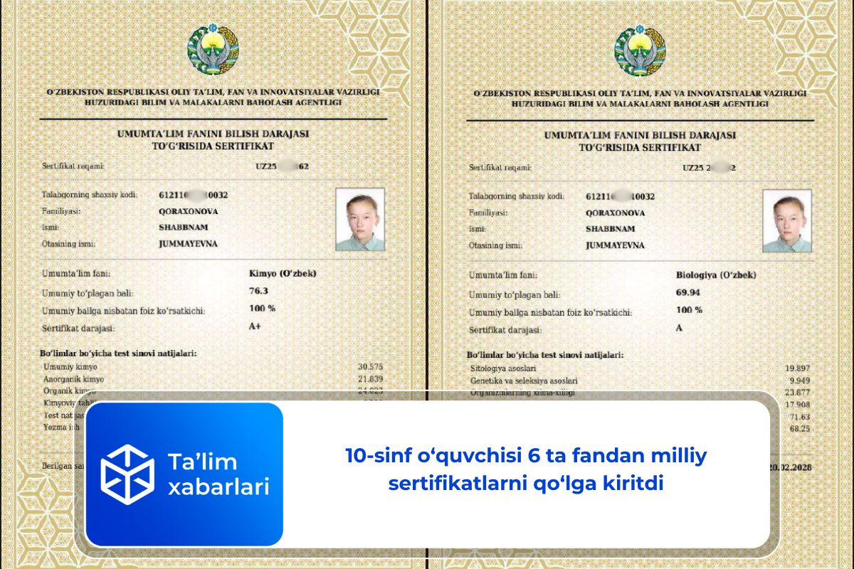 Surxondaryoda 10-sinf o‘quvchisi 6 ta fandan milliy sertifikatlarni qo‘lga kiritdi