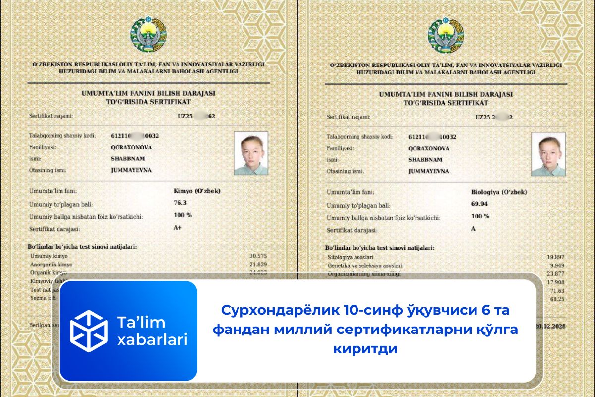 Сурхондарёлик 10-синф ўқувчиси 6 та фандан миллий сертификатларни қўлга киритди