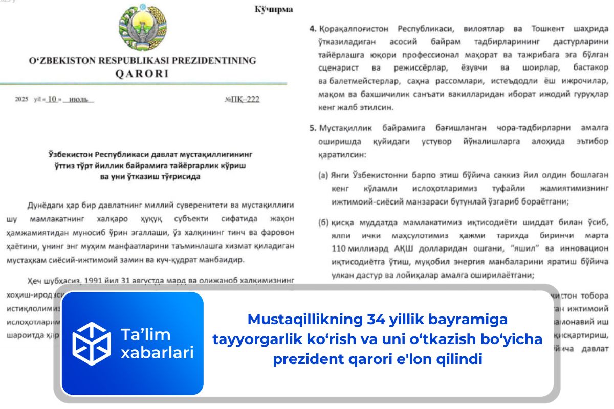 Mustaqillikning 34 yillik bayramiga tayyorgarlik ko‘rish va uni o‘tkazish bo‘yicha prezident qarori e’lon qilindi