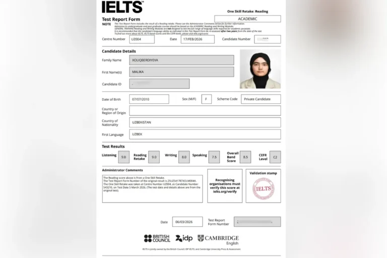 “O‘zimni sinab ko‘rishni xohladim”: 9-sinf o‘quvchisi IELTS 8.5 (C2) ballik sertifikatni qo‘lga kiritdi