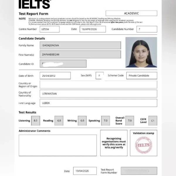 Listening 8.0: Namanganda 8-sinf o‘quvchisi IELTS’dan 7.0 natija qayd etdi