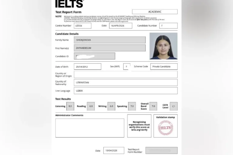Listening 8.0: Namanganda 8-sinf o‘quvchisi IELTS’dan 7.0 natija qayd etdi