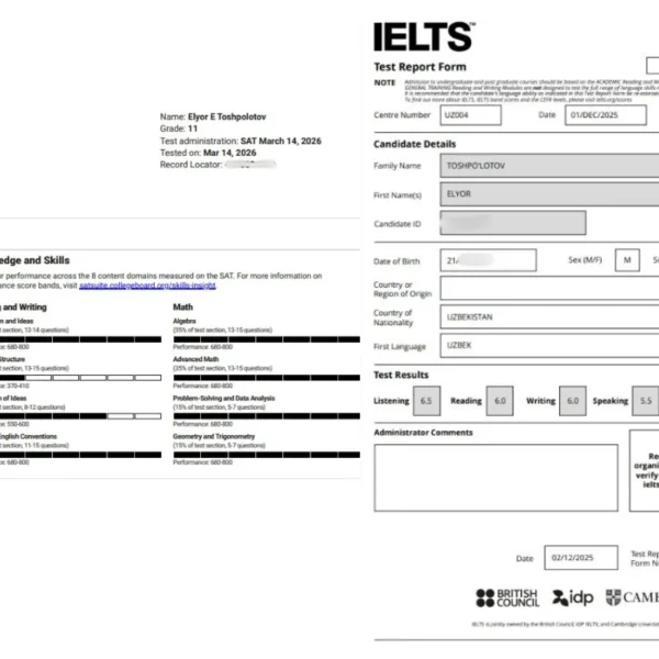 “Avvaliga natijamni uydagilarga aytolmadim”: buxorolik 10-sinf o‘quvchisi IELTS 6.0, SAT 1350 ball va matematika B sertifikatlariga ega bo‘ldi