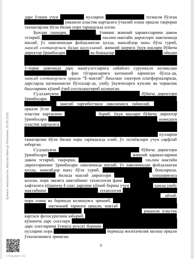 Angrenda maktab direktori va uning o‘rinbosari 3 yilga ozodlikni cheklash jazosiga hukm qilindi