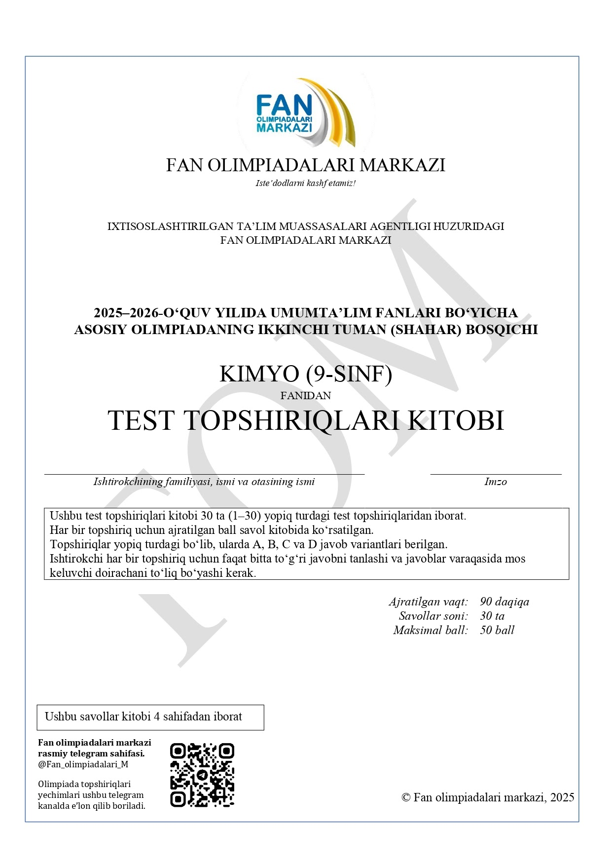 9-sinflar uchun kimyo fanidan olimpiadaning test savollari va javoblari e’lon qilindi