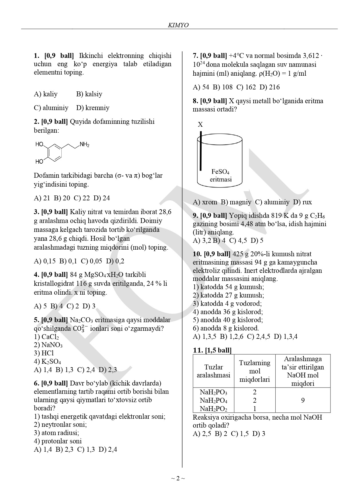 9-sinflar uchun kimyo fanidan olimpiadaning test savollari va javoblari e’lon qilindi