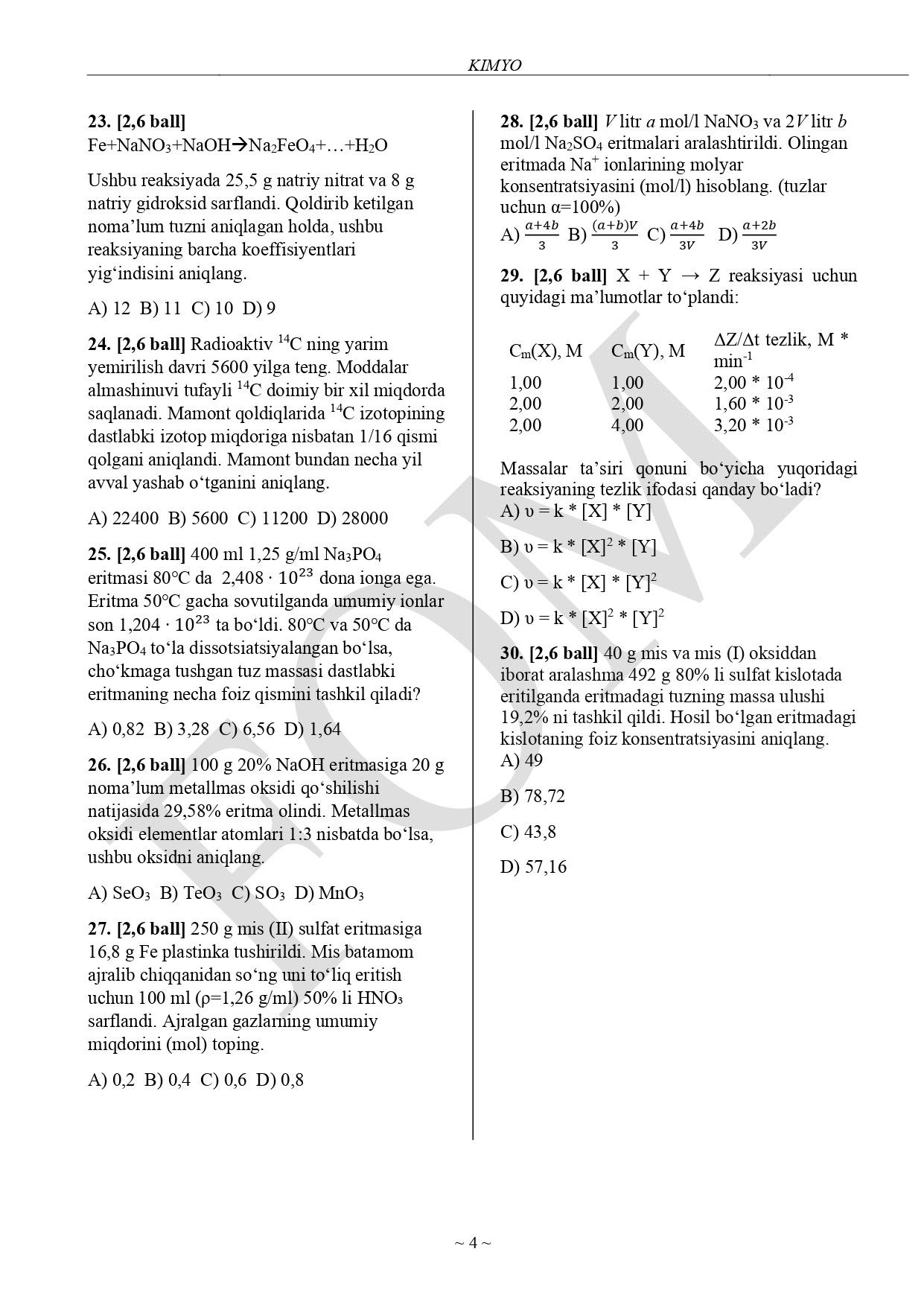 9-sinflar uchun kimyo fanidan olimpiadaning test savollari va javoblari e’lon qilindi