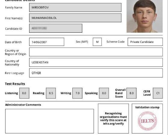 Maktab o‘quvchisi IELTS imtihonida 8 ballni qo‘lga kiritdi. U stipendiya bilan rag‘batlantiriladi