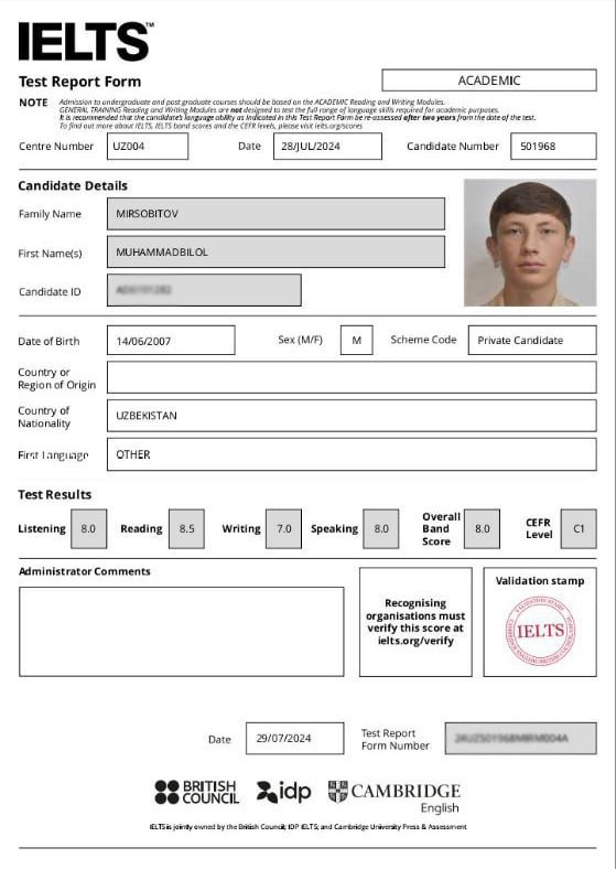 Maktab o‘quvchisi IELTS imtihonida 8 ballni qo‘lga kiritdi. U stipendiya bilan rag‘batlantiriladi