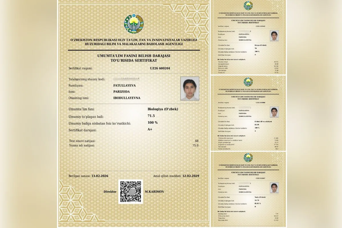 3 yil mehnat, A+ natija: yana bir 11-sinf o‘quvchisi 4 ta fandan milliy sertifikatlarni qo‘lga kiritdi
