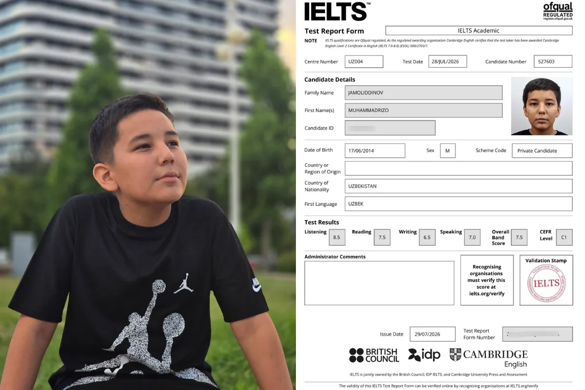 “Yiqilgan kurashga to‘ymas deganlaridek, chekinmadim”: to‘rt marta B2 olgan 12 yoshli o‘quvchi IELTS’dan 7,5 ball oldi