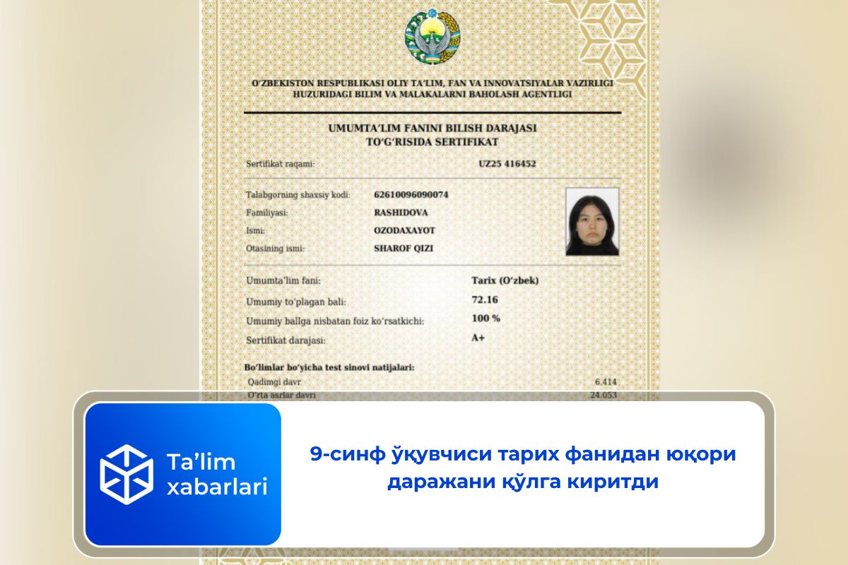 9-синф ўқувчиси тарих фанидан юқори даражани қўлга киритди