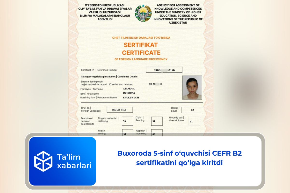 Buxoroda 5-sinf o‘quvchisi CEFR B2 sertifikatini qo‘lga kiritdi