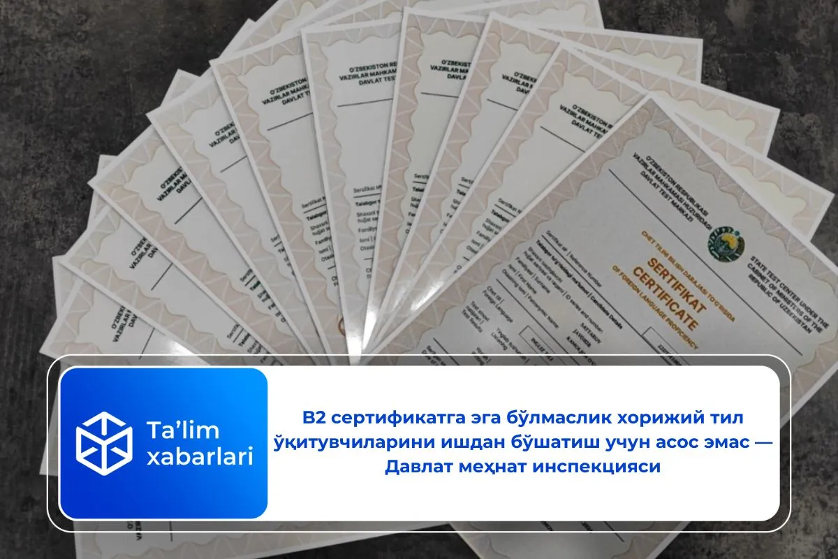 B2 сертификатга эга бўлмаслик хорижий тил ўқитувчиларини ишдан бўшатиш учун асос эмас — Давлат меҳнат инспекцияси