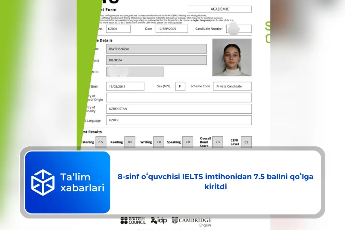 8-sinf oʻquvchisi IELTS imtihonidan 7.5 ballni qoʻlga kiritdi