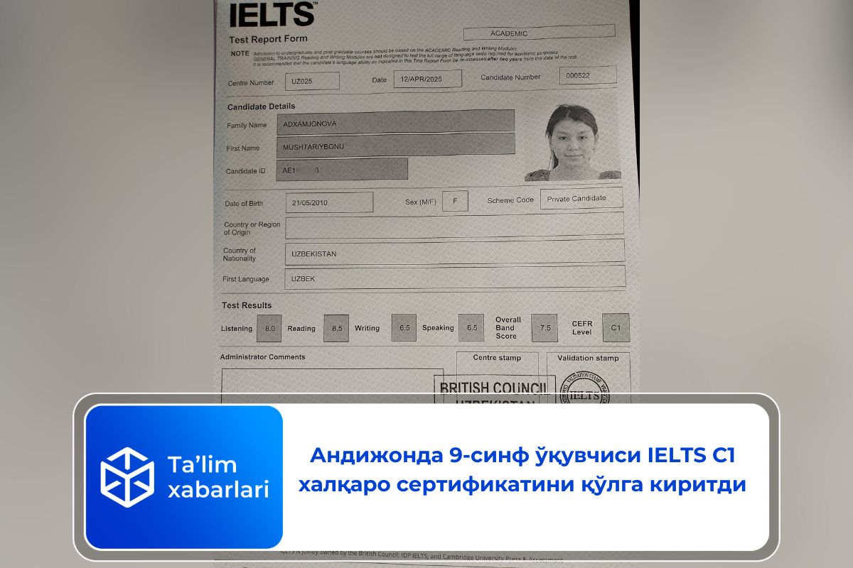Андижонда 9-синф ўқувчиси IELTS C1 халқаро сертификатини қўлга киритди