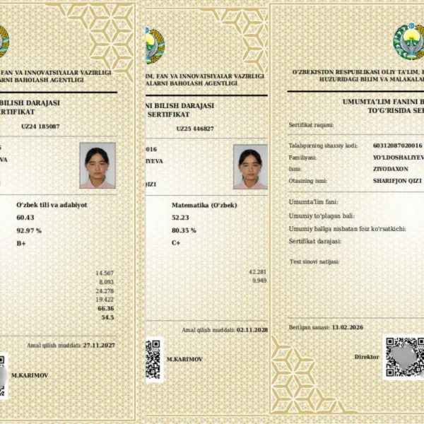 Dang‘arada 11-sinf o‘quvchisi maksimal 189 ball bilan muddatidan oldin talaba bo‘ldi