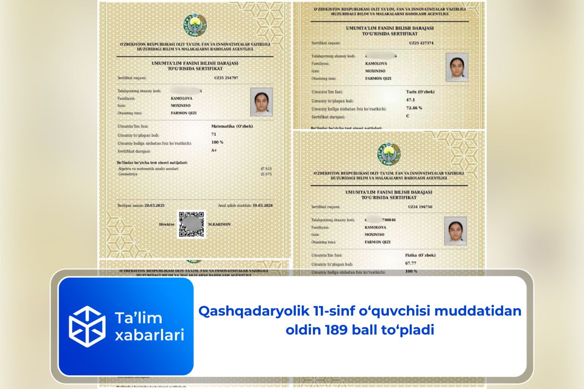 Qashqadaryolik 11-sinf o‘quvchisi muddatidan oldin 189 ball to‘pladi