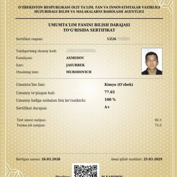 “Kimyo faniga qiziqishim 5-sinfda boshlangan”: 8-sinf o‘quvchisi kimyodan A+ sertifikatini qo‘lga kiritdi