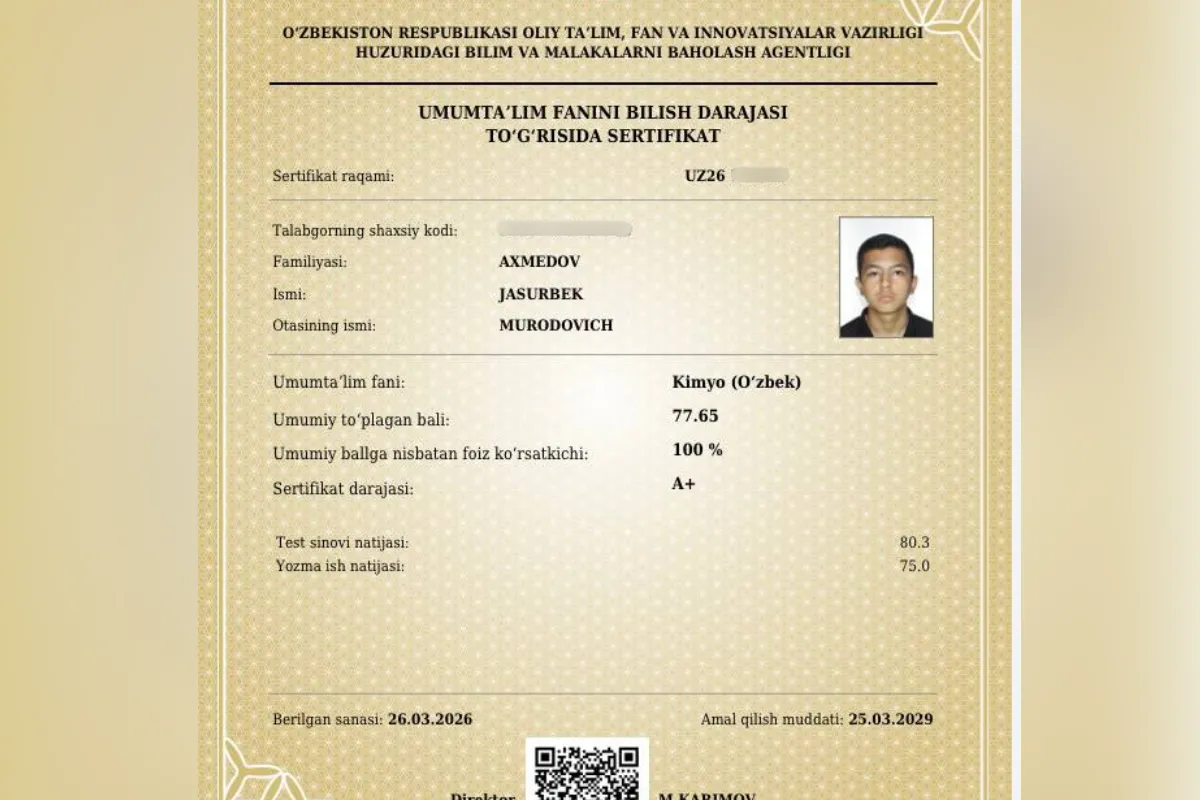 “Kimyo faniga qiziqishim 5-sinfda boshlangan”: 8-sinf o‘quvchisi kimyodan A+ sertifikatini qo‘lga kiritdi