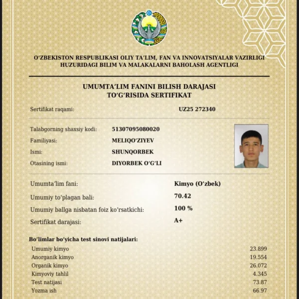 Андижонлик 11-синф ўқувчи йигит муддатидан олдин 189 балл билан давлат грантини нақд қилди