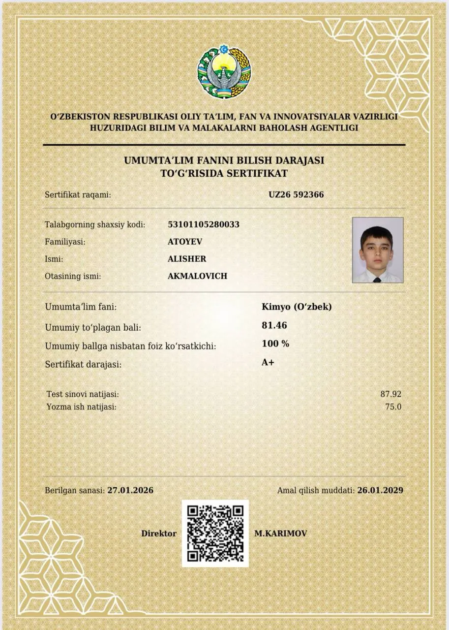 “Bir kunda 11 soatlab dars qilgan paytlarim boʻlgan” — Buxoroda 10-sinf oʻquvchi muddatidan oldin 178 ballni qoʻlga kiritdi