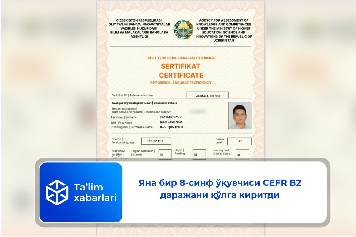 Яна бир 8-синф ўқувчиси CEFR B2 даражани қўлга киритди