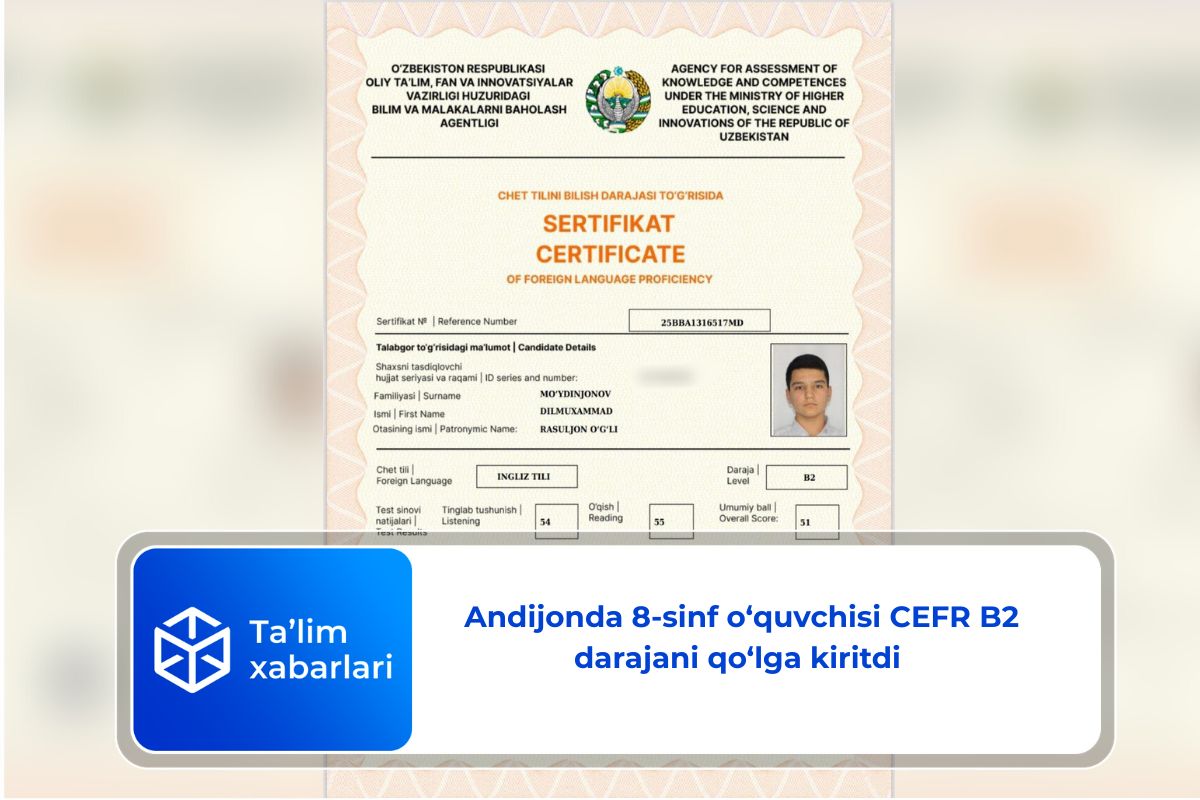 Andijonda 8-sinf o‘quvchisi CEFR B2 darajani qo‘lga kiritdi