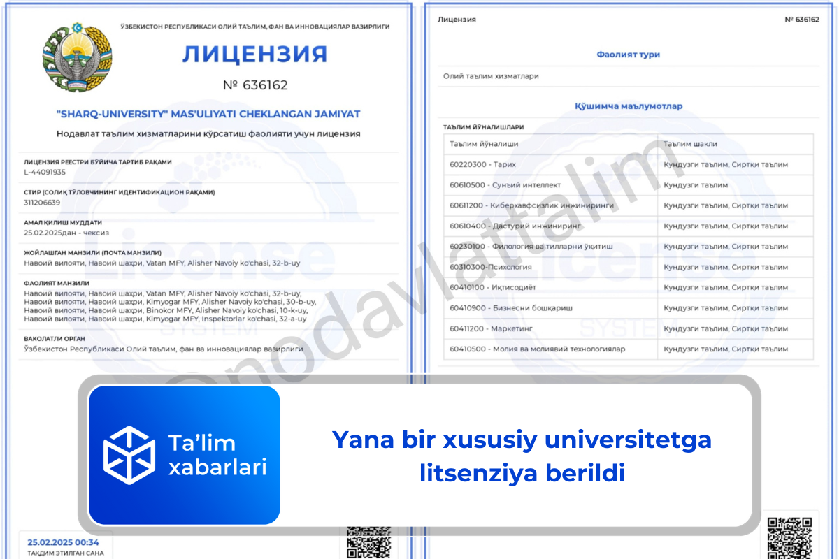 Yana bir xususiy universitetga litsenziya berildi
