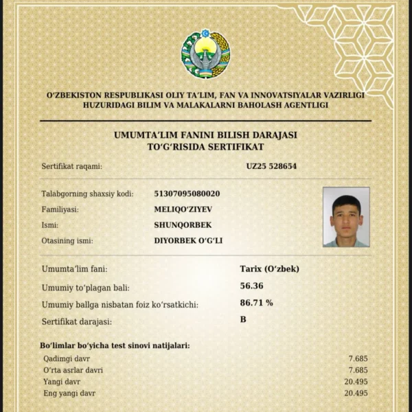 Андижонлик 11-синф ўқувчи йигит муддатидан олдин 189 балл билан давлат грантини нақд қилди