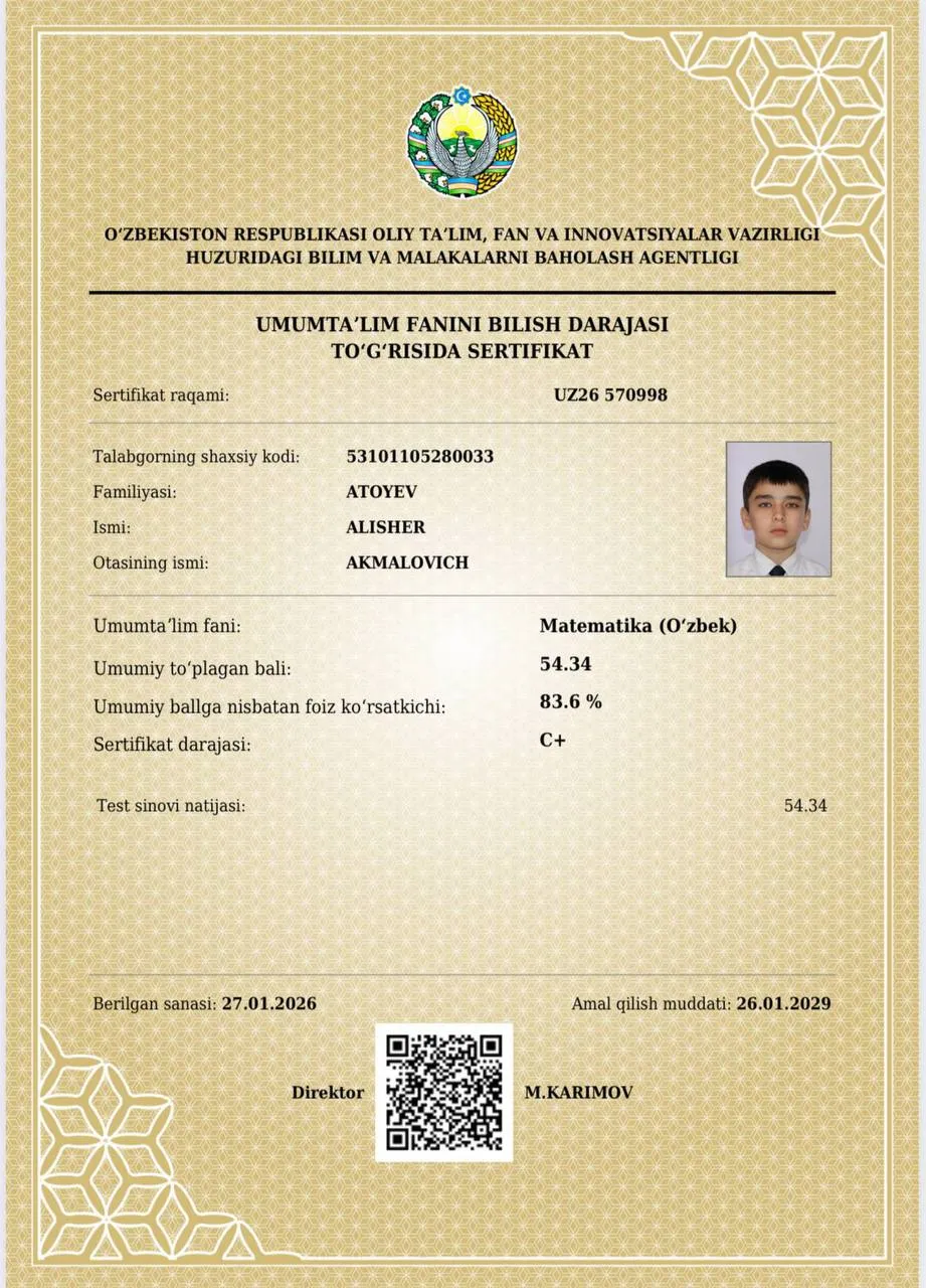 “Bir kunda 11 soatlab dars qilgan paytlarim boʻlgan” — Buxoroda 10-sinf oʻquvchi muddatidan oldin 178 ballni qoʻlga kiritdi