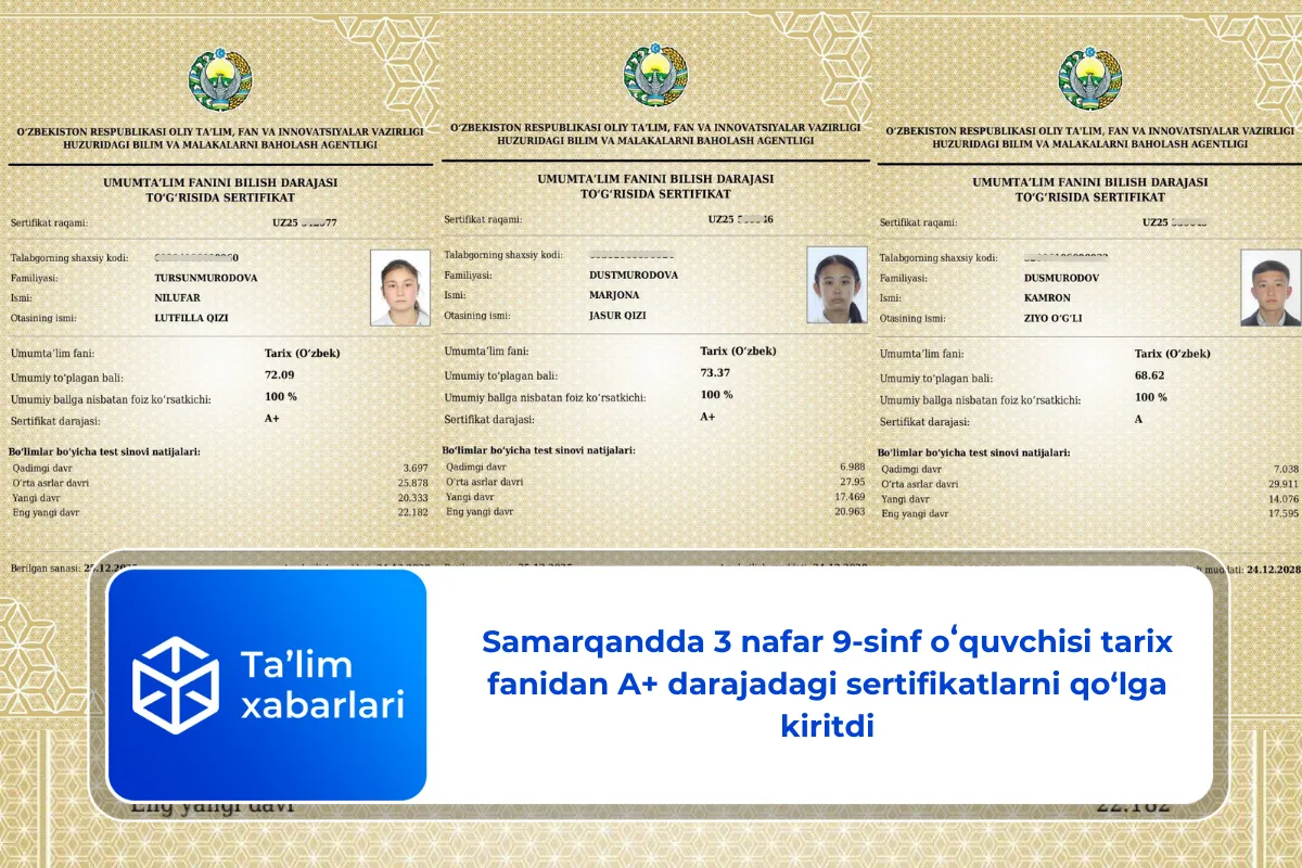 Samarqandda 3 nafar 9-sinf oʻquvchisi tarix fanidan A+ darajadagi sertifikatlarni qo‘lga kiritdi