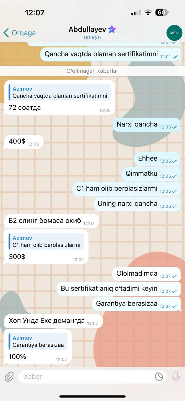 “Agentlik xodimiman”: milliy va attestatsiya sertifikatlarini olib berishni va'da qilayotgan firibgarlar paydo bo‘lgan