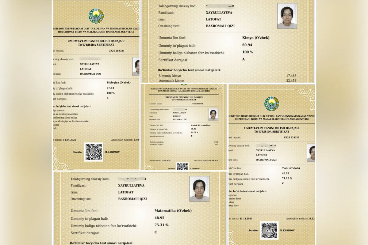 Yana bir surxondaryolik o‘quvchi 5 ta fandan milliy sertifikat olib, muddatidan oldin 189 ballni naqd qildi