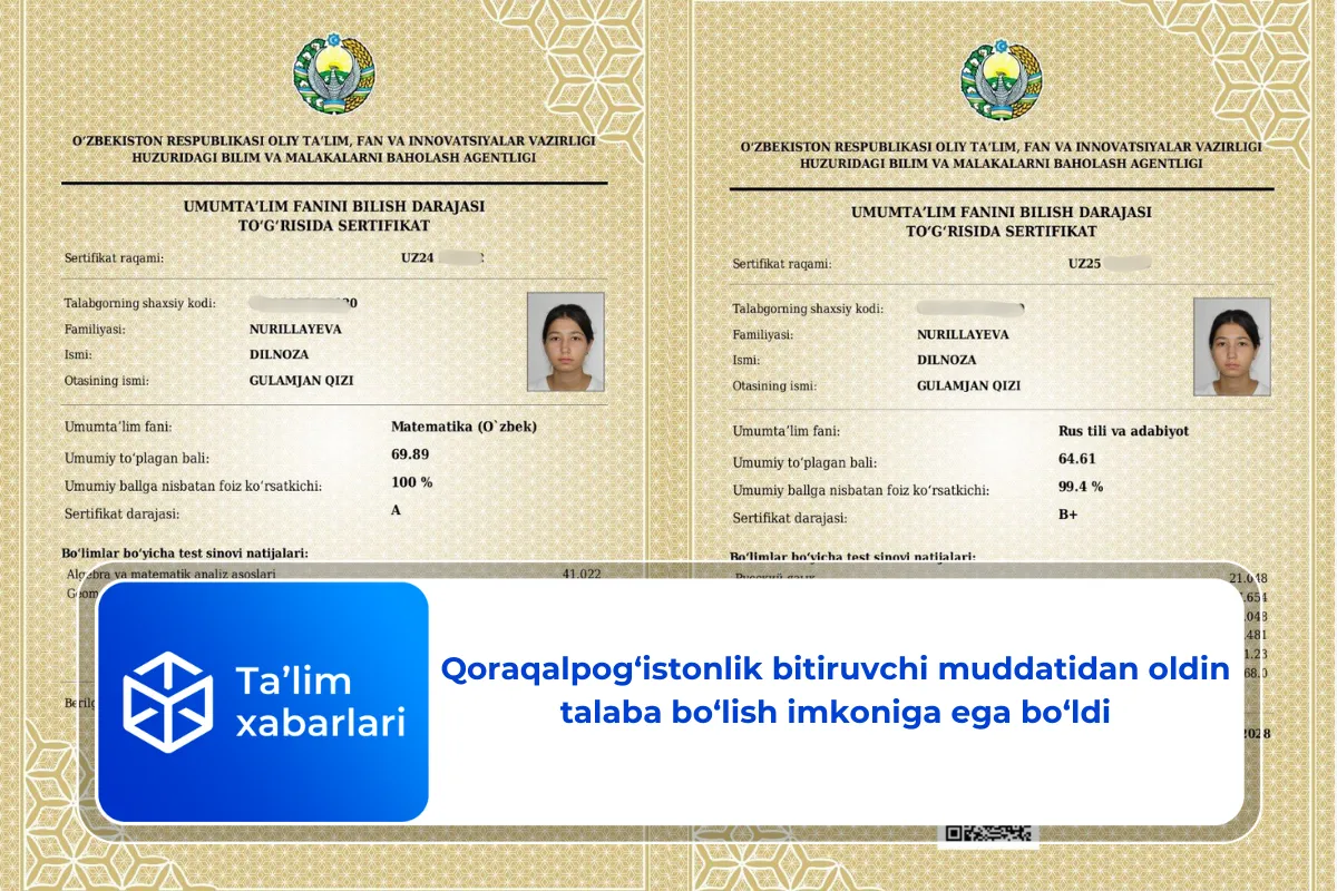 Qoraqalpog‘istonlik bitiruvchi muddatidan oldin talaba bo‘lish imkoniga ega bo‘ldi
