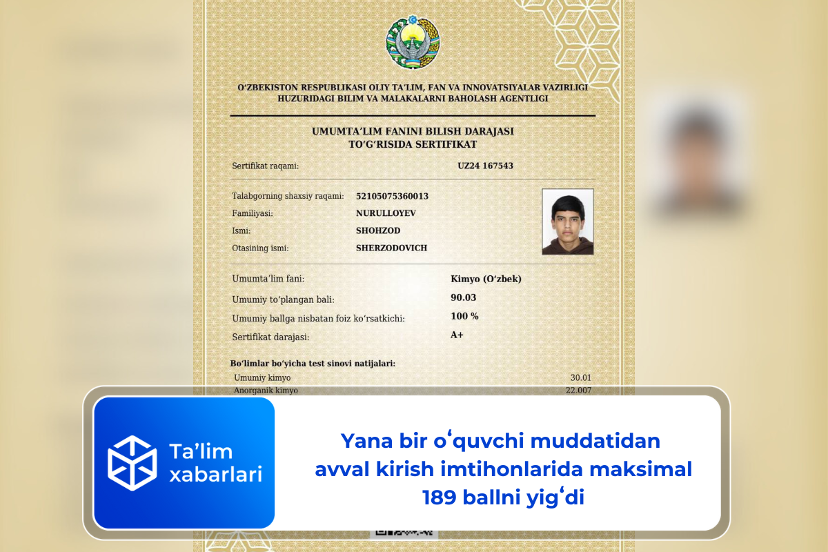 Yana bir oʻquvchi muddatidan avval kirish imtihonlarida maksimal 189 ballni yigʻdi