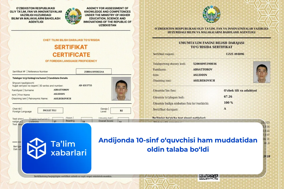 Andijonda 10-sinf o‘quvchisi ham muddatidan oldin talaba bo‘ldi