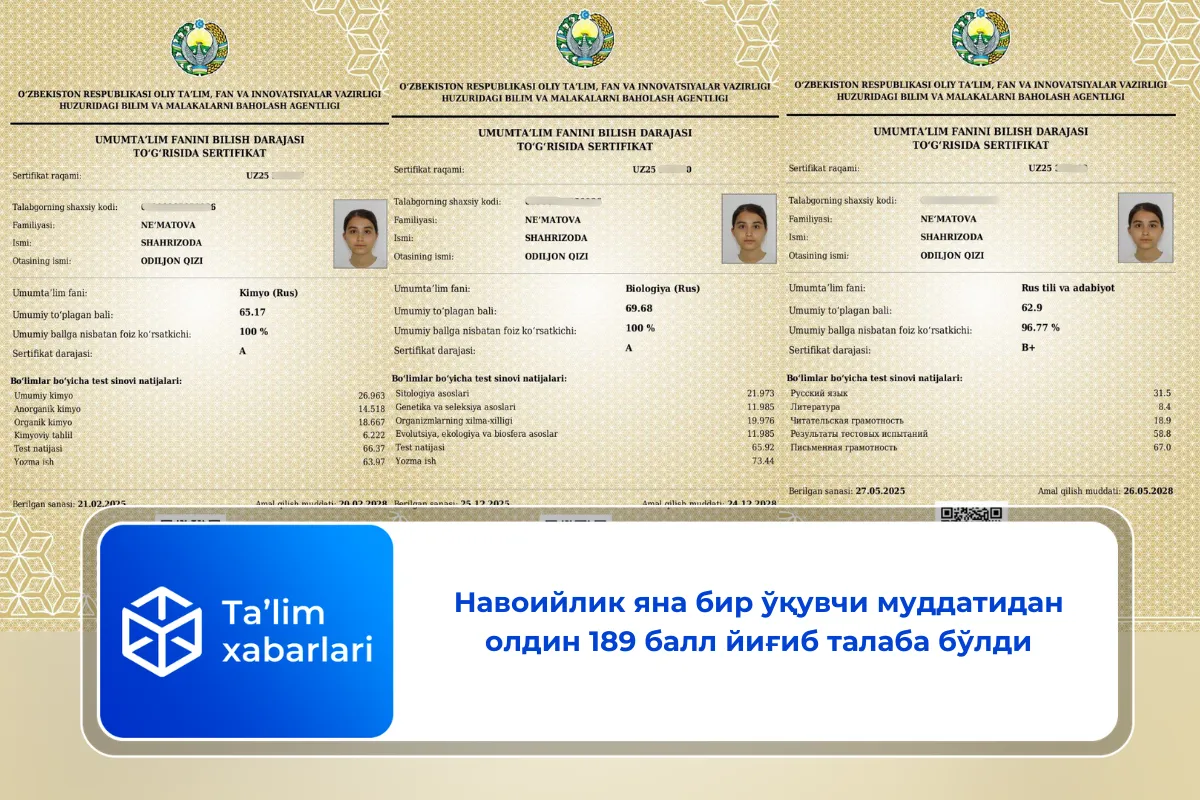Навоийлик яна бир ўқувчи муддатидан олдин 189 балл йиғиб талаба бўлди