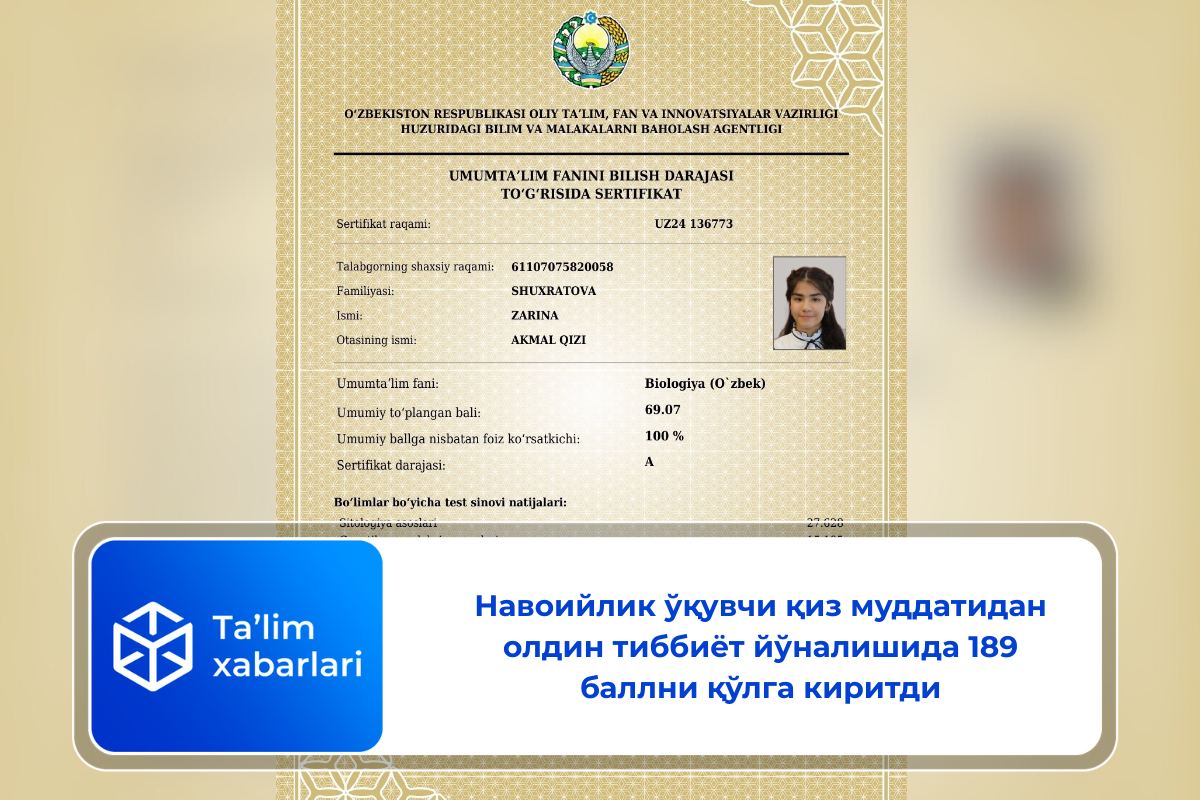 Навоийлик ўқувчи қиз муддатидан олдин тиббиёт йўналишида 189 баллни қўлга киритди