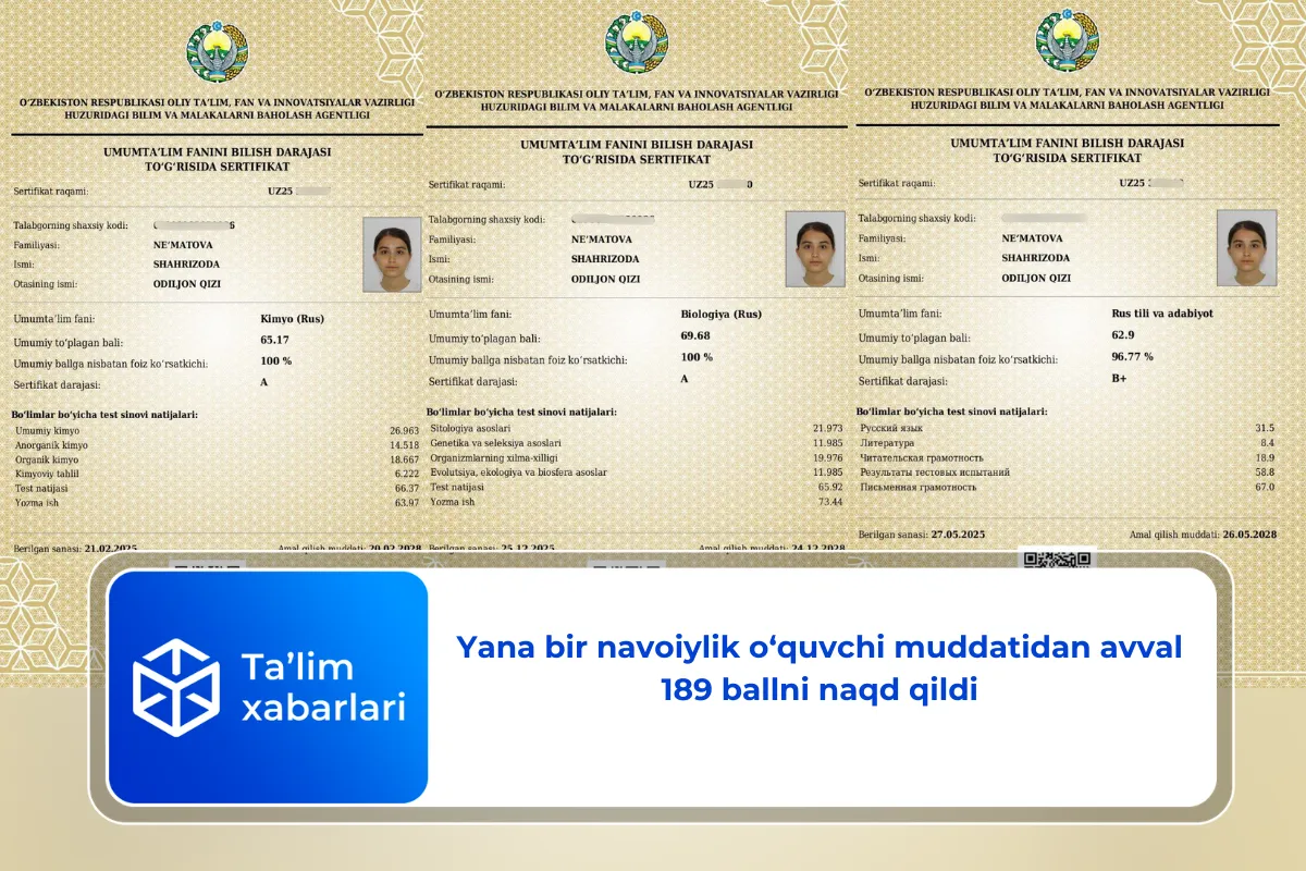 Yana bir navoiylik o‘quvchi muddatidan avval 189 ballni naqd qildi